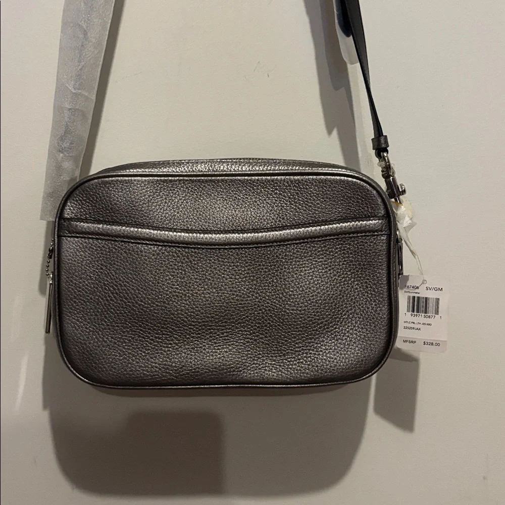 Coach Metallic Silver / Gun Metal  Pebbled Leather Jes Crossbody Bag NWT